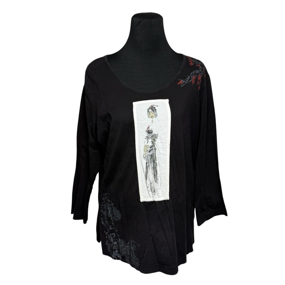 LA BLEND Tunic XL Asian Inspired Geisha Cotton Black Shirt Top Boho Romantic